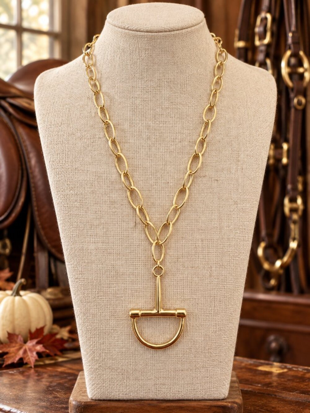 Gold Horse Bit Pendant Necklace, Equestrian Jewelry, Gold Oval Link Chain, Horse